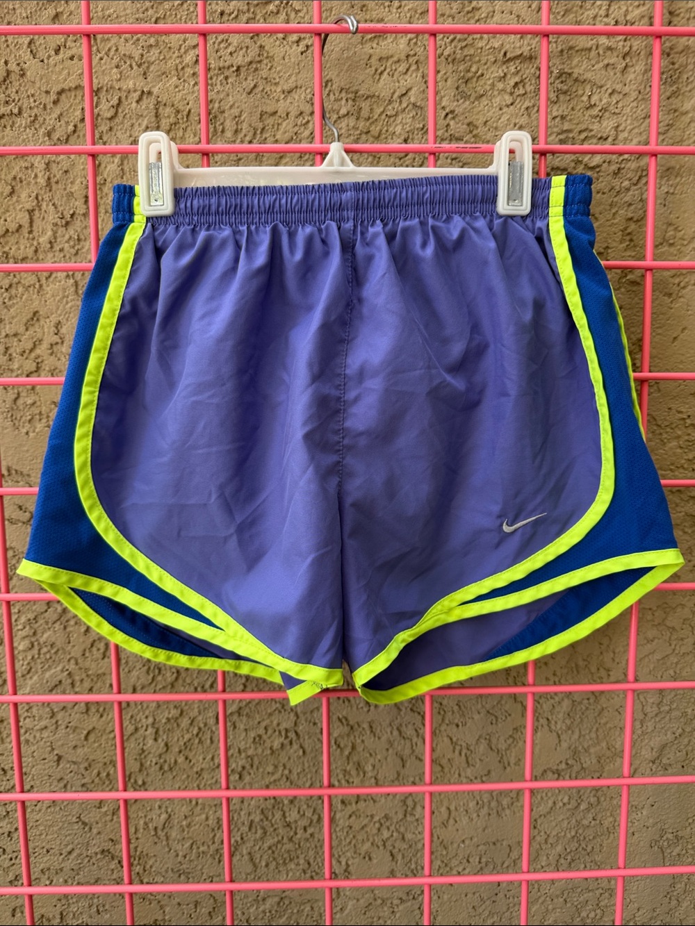 Nike Women's Purple Athletic Shorts with Neon Yellow Trim